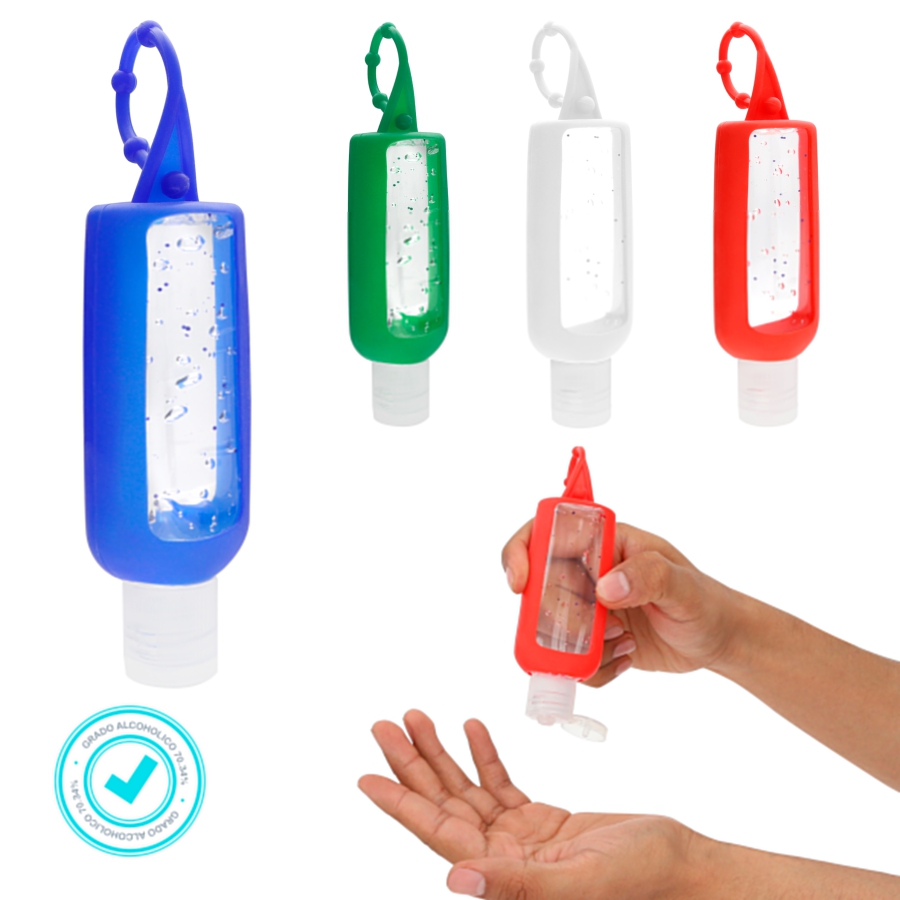 GEL ANTIBACTERIAL EN BOTELLA DE PLÁSTICO CON FUNDA DE SILICÓN F0331